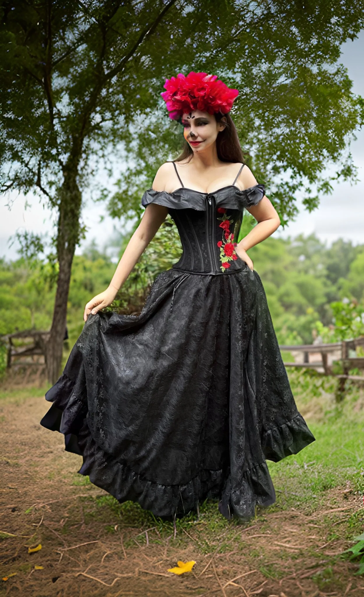 La Catrina - Embroidered Roses Stays Corset & Lace Skirt Cosplay Costume Dress. ~ Dia De Los Muertos ~ Day Of The Dead - Reminisce Brand - Image 3